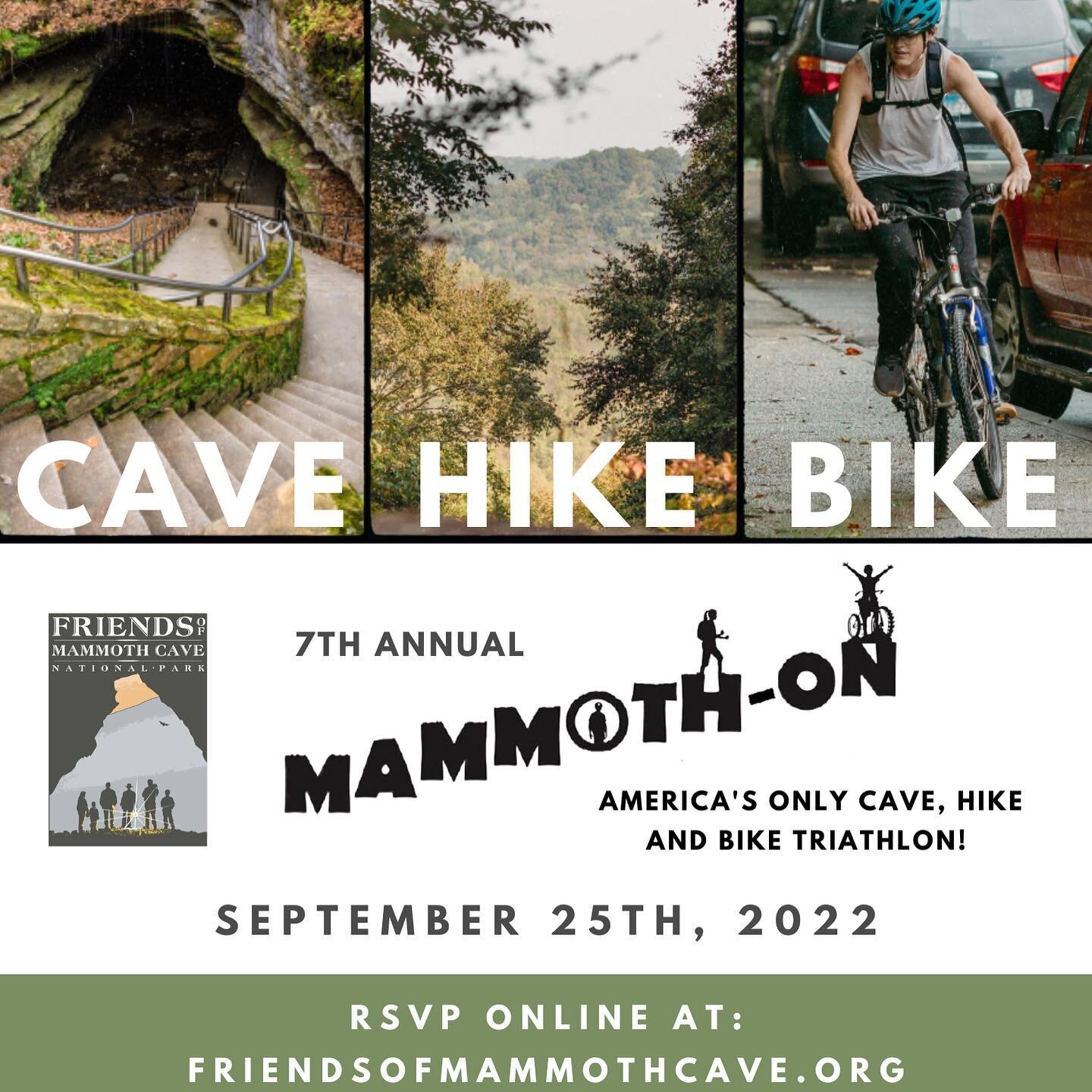 Registration is open for the 7th annual Mammoth-on held at Mammoth Cave National Park on September 25th!! 🦇 🏃&zwj;♀️ 🚴 
This is a laid-back and family-friendly triathlon where you can walk the Historic Cave Tour route inside Mammoth Cave, hike a 