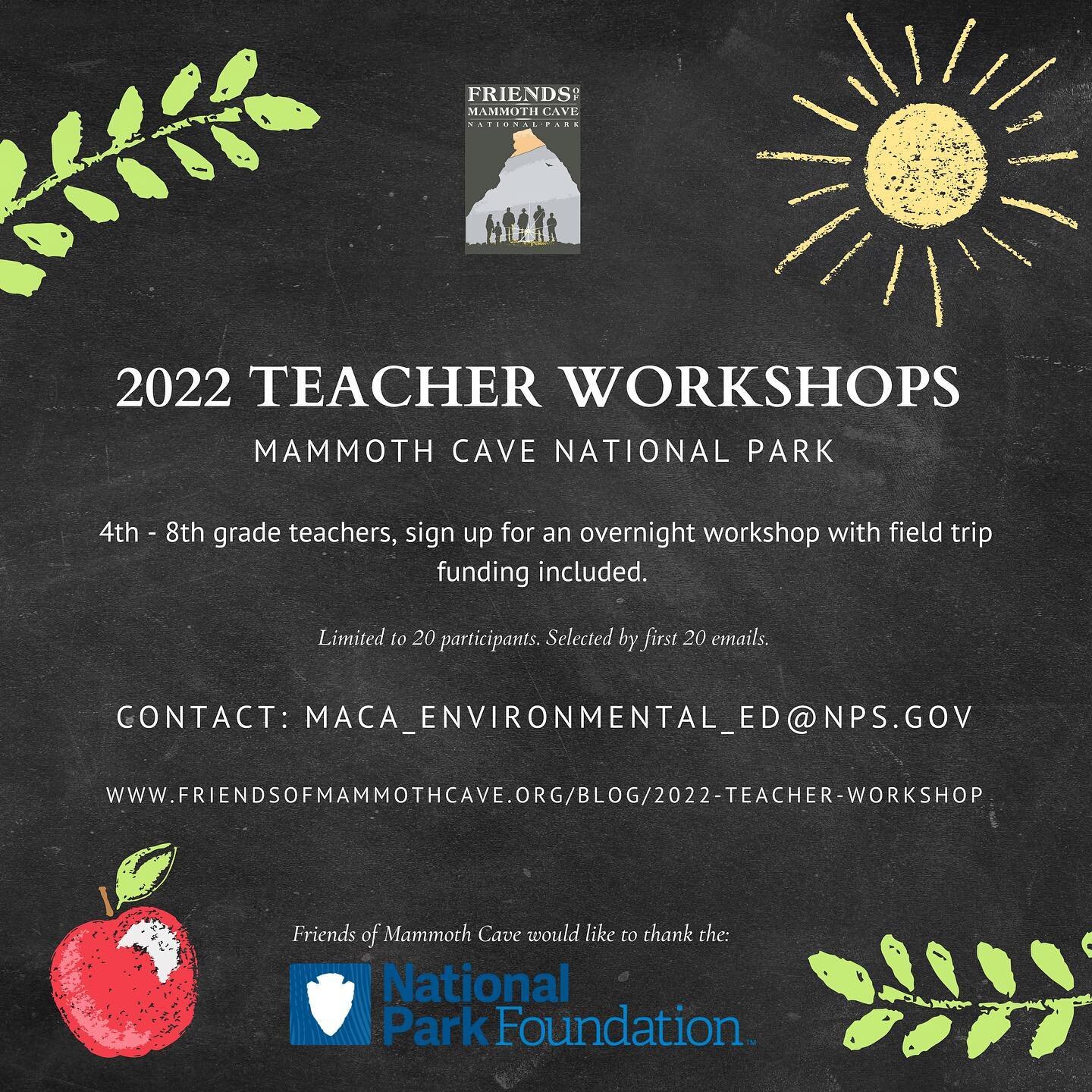 We received an Open Outdoors for Kids grant from the @nationalparkfoundation which will enable 20 Kentucky teachers to attend an overnight workshop at @mammothcavenps. To apply, email: Maca_Environmental_Ed@nps.gov
Full Press Release link is in bio.