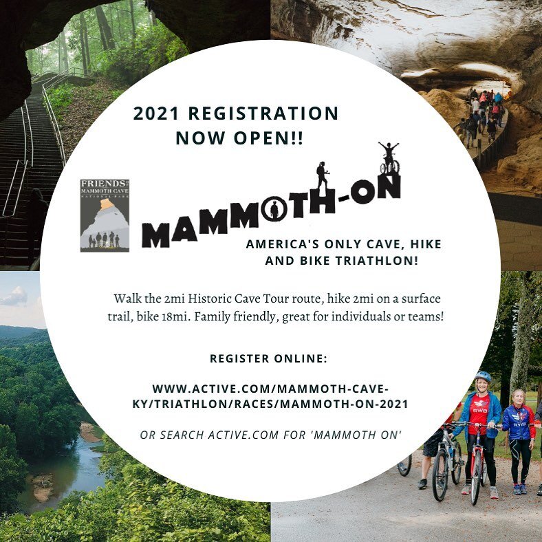 Mammoth-on, America's only Cave, Hike and Bike Triathlon will be held on September 19th, 2021 and is now accepting online registrations. We look forward to seeing all our Friends this year! 
Participants can walk the two mile, 580 step Historic Tour