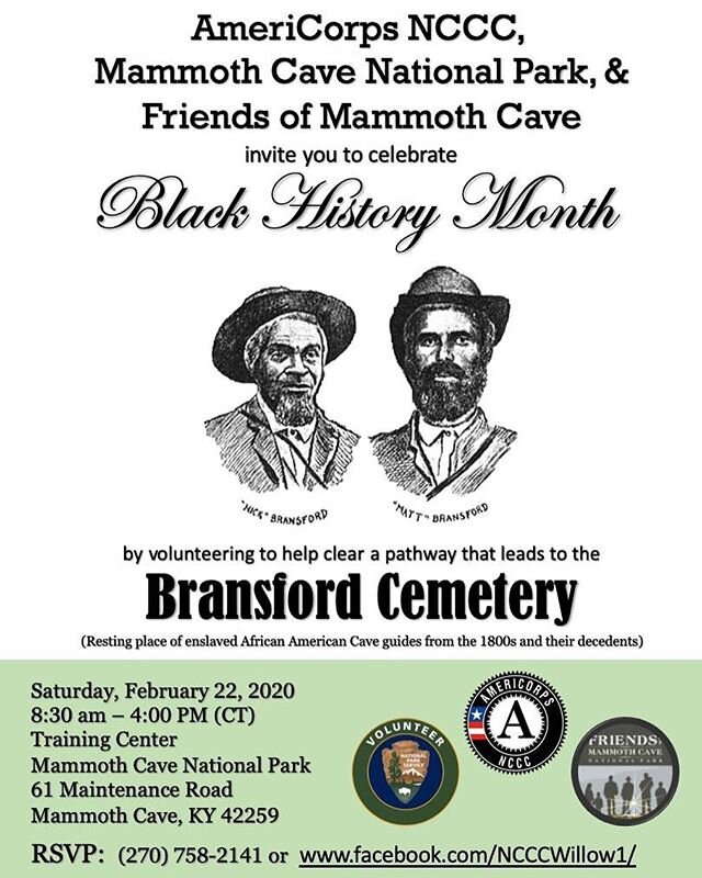 Volunteers needed this Saturday, February 22nd, to help clear a pathway to the historic Bransford Cemetery at @mammothcavenps. 
Full details: https://www.friendsofmammothcave.org/blog/20202020/2/21/Volunteer-with-AmeriCorps-NCCC-at-Mammoth-Cave
#BlackHistoryMonth  #FindYourPark #volunteer #BransfordCemetery #AmeriCorps #AmeriCorpsNCCC #americorpsncccsouthernregion